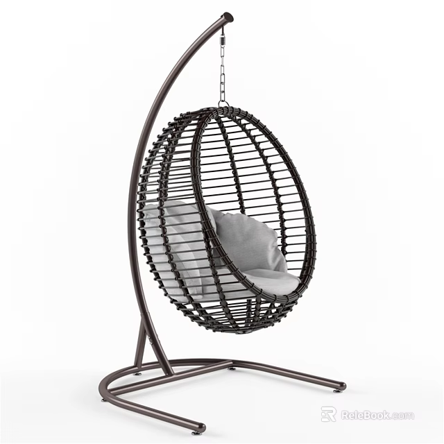 Rattan Egg Shaped Hanging Leisure Chair With Metal Stand And Gray Cushion 3d model 