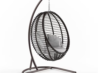 Rattan Egg Shaped Hanging Leisure Chair With Metal Stand And Gray Cushion 3d model