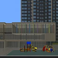 Modern School Building With Colorful Striped Facade Large Glass Windows And Green Lawn