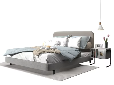 Modern Upholstered Double Bed With Gray Headboard Blue Bedding Pillows And Nightstand Lamp 3d model