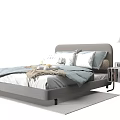 Modern Upholstered Double Bed With Gray Headboard Blue Bedding Pillows And Nightstand Lamp