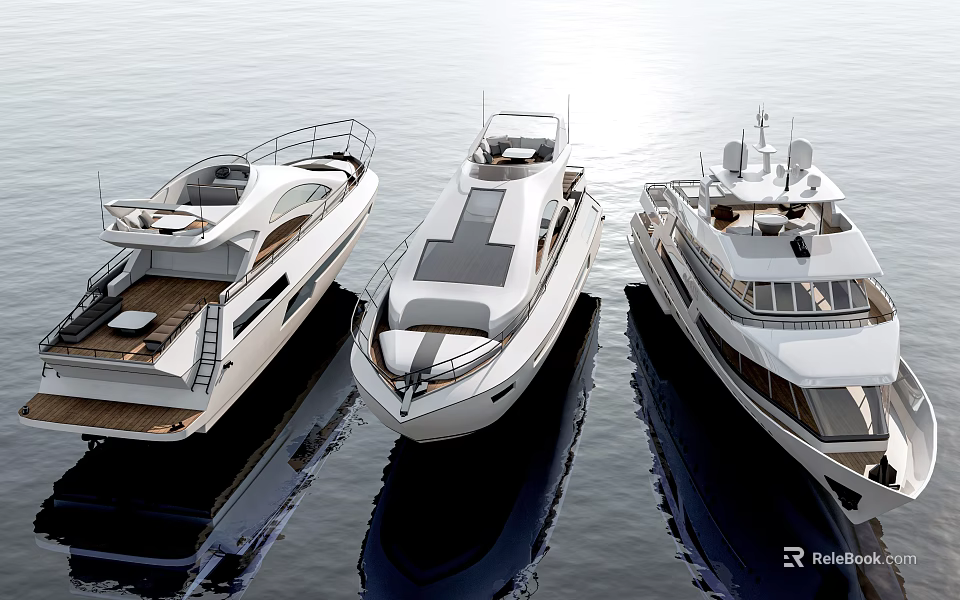 Three Modern White Luxury Yachts Moored on Calm Blue Water Surface 3d model 