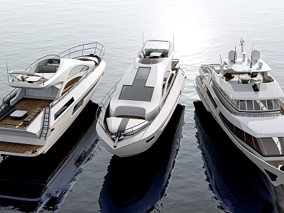 Three Modern White Luxury Yachts Moored on Calm Blue Water Surface 3d model