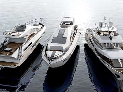 Three Modern White Luxury Yachts Moored on Calm Blue Water Surface 3d model Three Modern White Luxury Yachts Moored on Calm Blue Water Surface 3d model