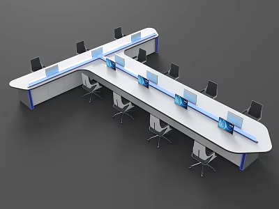 Modern L Shaped Office Desk With White Surface Multiple Chairs And Computer Monitors 3d model