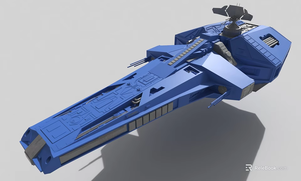 Blue Sci Fi Spaceship Model With Detailed Bridge And Weapon Systems 3d model