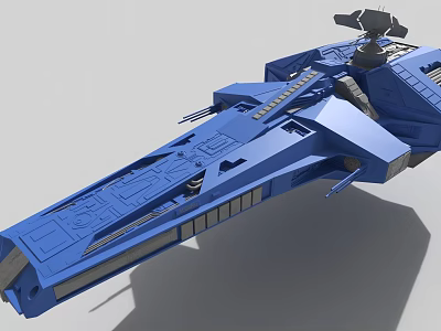 Blue Sci Fi Spaceship Model With Detailed Bridge And Weapon Systems 3d model