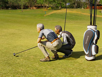 Two Men Playing Golf Together On Golf Course With Clubs 3d model