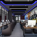 Modern Internet Cafe Interior With Game Themed Wall Murals Multiple Computers And Comfortable Chairs 3d model