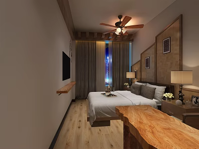 Hotel Guest Room Interior With King Bed Wooden Flooring Ceiling Fan And Flat Screen TV 3d model