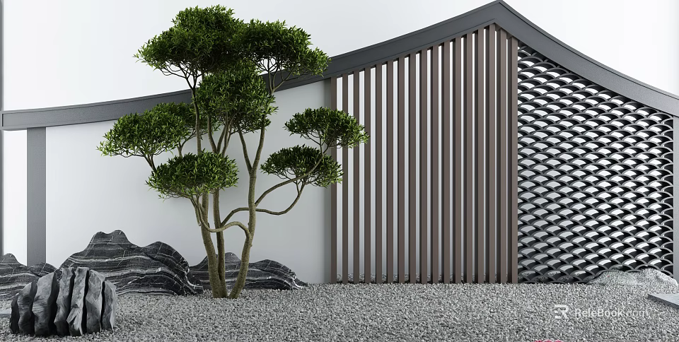 Modern Chinese Style Screen Wall With Pine And Gravel 3d model 