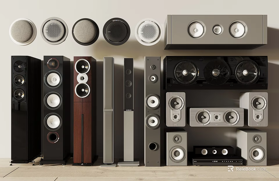 Various Headphones and Speakers with Modern Home Audio Equipment and Sound Systems 3d model 