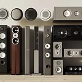 Various Headphones and Speakers with Modern Home Audio Equipment and Sound Systems