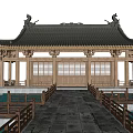 Ancient Chinese Architecture Featuring Black Tile Roof Golden Decorations And Wooden Railings