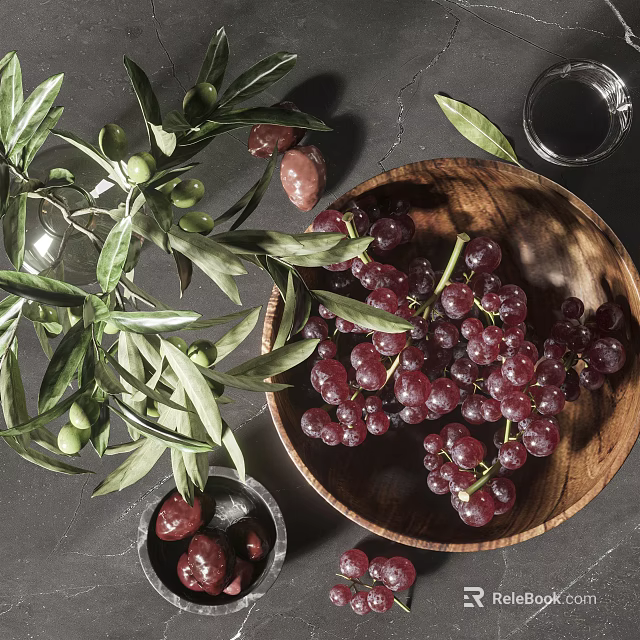 Fresh Red Grapes in Wooden Bowl with Olive Branches and Green Olives on Dark Surface 3d model 