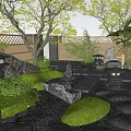 Tranquil Courtyard Garden Design With Stone Lantern Pebble Path Pine Tree And Green Plants