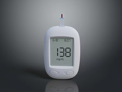 White Digital Glucose Meter With Blood Glucose Reading And Test Strip On Gray Background 3d model