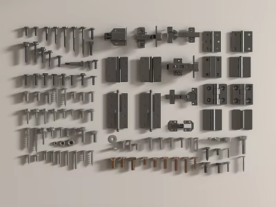 Assorted Metal Hardware Parts Including Bolts Hinges And Plates On White Surface 3d model
