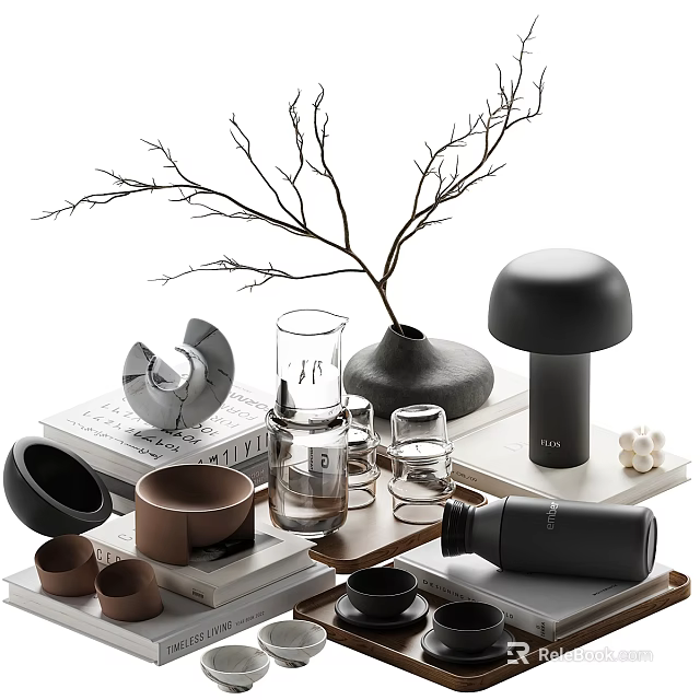 Decorative Ornament Set With Twigs Black Vase Mushroom Decor Glassware And Books On Wooden Tray 3d model 