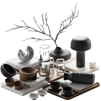 Decorative Ornament Set With Twigs Black Vase Mushroom Decor Glassware And Books On Wooden Tray 3d model