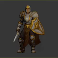 Man Wearing Gold and White Armor Holding Sword and Shield in Warrior Pose
