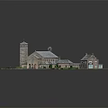 Cartoon Scene of Charming Building with Bell Tower Gray Roof Green Lawn and Small House