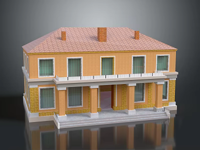 Two Story Yellow Building Model With Red Tiled Roof Balcony Porch Columns And Windows 3d model