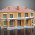 Two Story Yellow Building Model With Red Tiled Roof Balcony Porch Columns And Windows