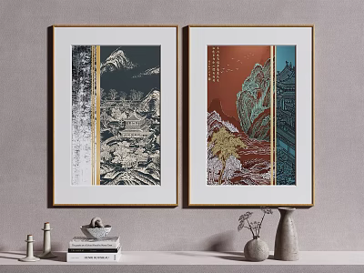 Two Framed Chinese Landscape Wall Art Pieces With Golden Borders And Scenic Designs 3d model
