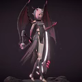 Game Movie Character With Horns Wings Glowing Scythe Combat Outfit
