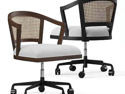 Modern Office Chair With Wooden Armrests Rattan Backrest And Fabric Seat Cushion On Wheels 3d model