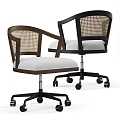 Modern Office Chair With Wooden Armrests Rattan Backrest And Fabric Seat Cushion On Wheels