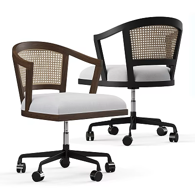Modern Office Chair With Wooden Armrests Rattan Backrest And Fabric Seat Cushion On Wheels 3d model