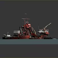 Detailed Red Dredger Model Showcased On Blue Water Platform With Machinery