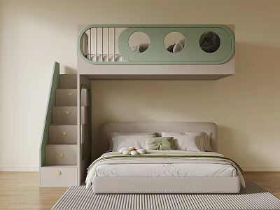 Green Bunk Bed Featuring Circular Windows Staircase with Drawers in Bedroom 3d model