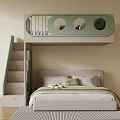 Green Bunk Bed Featuring Circular Windows Staircase with Drawers in Bedroom