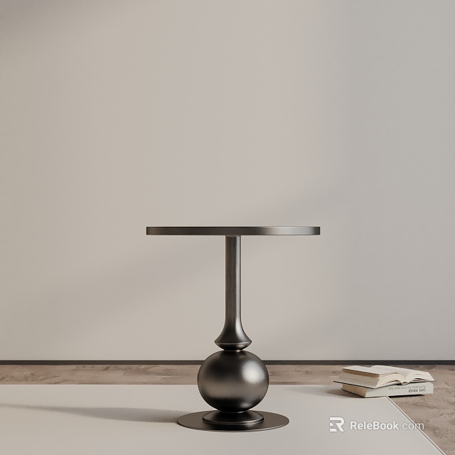 Modern Metal Side Table with Round Top and Spherical Base Near Stacked Books 3d model 
