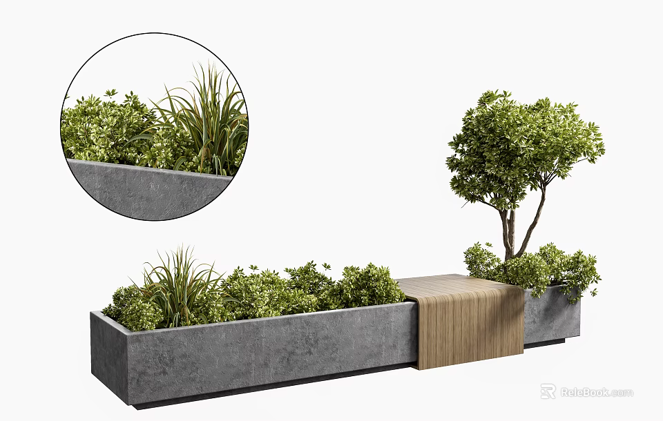 Bonsai and Potted Green Plants in Gray Concrete Planter with Grasses Shrubs and Wooden Bench 3d model 