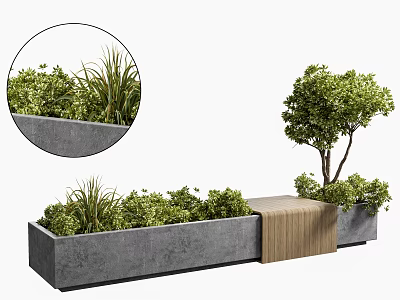 Bonsai and Potted Green Plants in Gray Concrete Planter with Grasses Shrubs and Wooden Bench 3d model