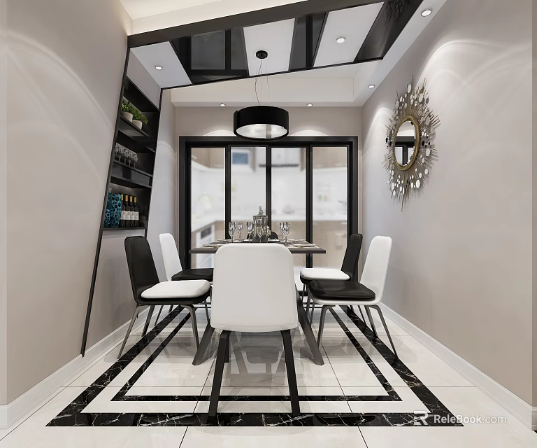 Modern Restaurant Interior With Dining Table Chairs Pendant Light Mirror And Black White Floor Tiles 3d model 