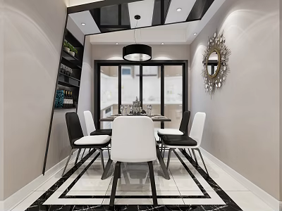 Modern Restaurant Interior With Dining Table Chairs Pendant Light Mirror And Black White Floor Tiles 3d model