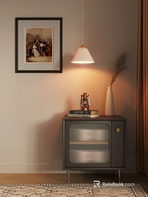 Modern Entryway Side Cabinet With Table Lamp Books Vase And Decor 3d model 