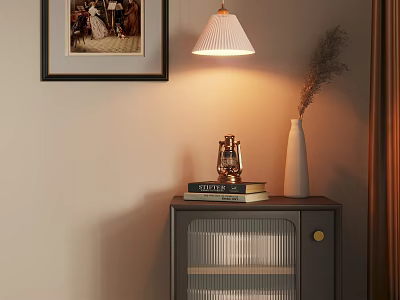 Modern Entryway Side Cabinet With Table Lamp Books Vase And Decor 3d model
