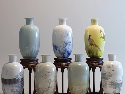 Decorative Flower Vases With Various Colors And Artistic Patterns Display On Wooden Stands 3d model