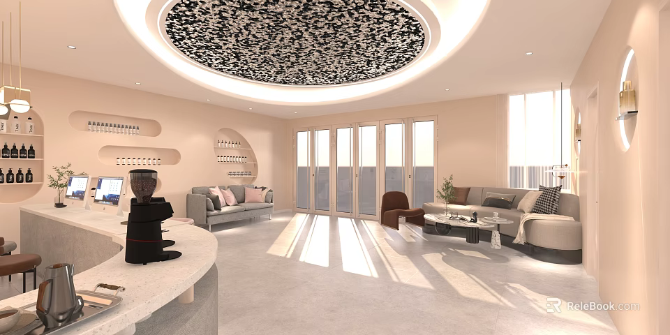 Modern Beauty and Hair Salon Interior With Reception Area Comfortable Sofas And Decorative Ceiling 3d model 