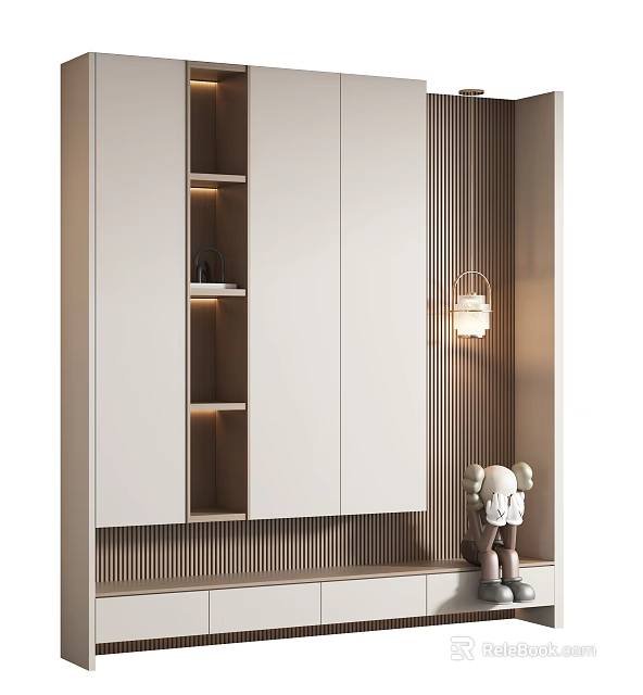Modern Minimalist Shoe Storage Cabinet With Smooth Doors Open Shelves And Decorative Lamp 3d model 