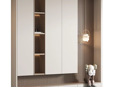 Modern Minimalist Shoe Storage Cabinet With Smooth Doors Open Shelves And Decorative Lamp 3d model