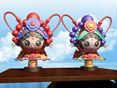 Cartoon Style Sculptures With Red Purple Opera Headdresses On Wooden Table 3d model