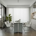 Modern Open Kitchen Interior With Dining Table Chairs Green Plant Cabinets And Blinds 3d model