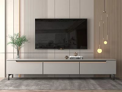 Modern Living Room TV Wall With White Stand Green Plant And Pendant Lights 3d model